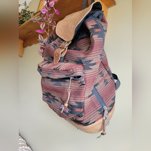Vintage 90s Jansport Leather Aztec Backpack Burgundy Tan Black Made In USA - Picture 7 of 10